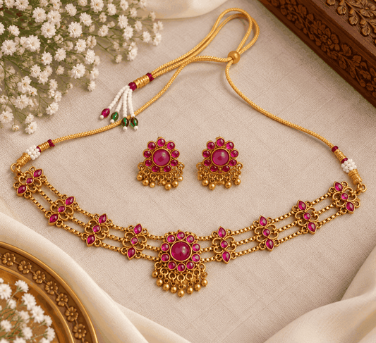 Flatlay of gold look pink stone floral choker set featuring triple-layer chains, floral motifs and matching statement earrings.