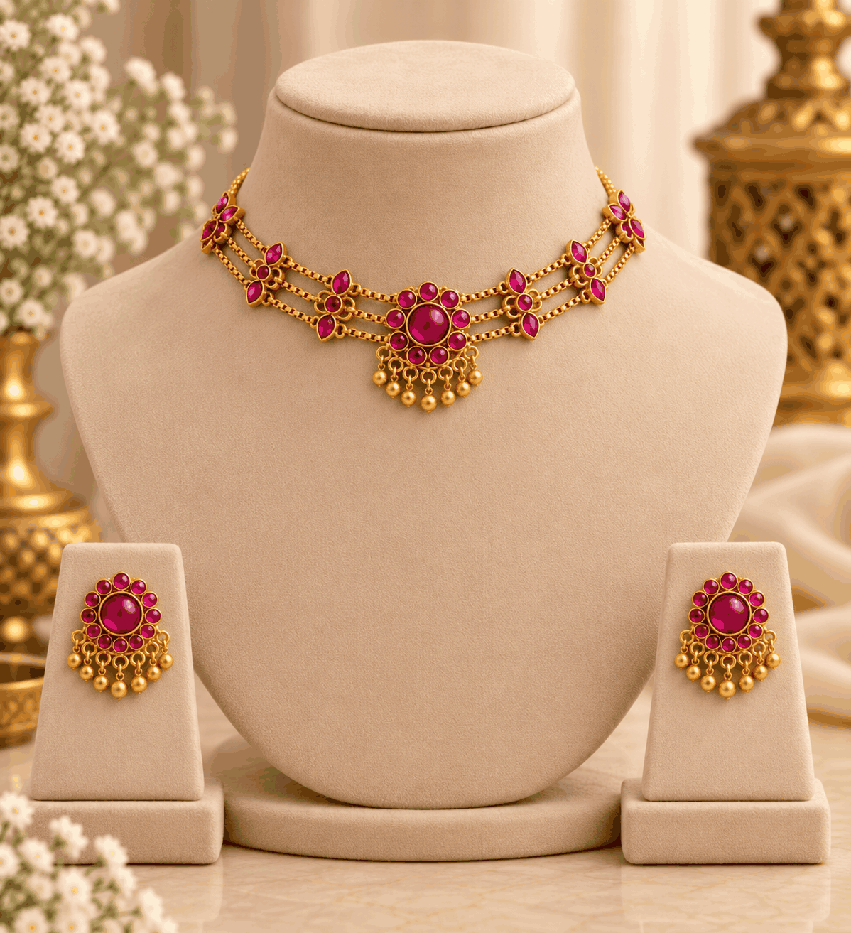 Gold look pink stone floral choker necklace displayed on mannequin with matching earrings and delicate gold bead drops.