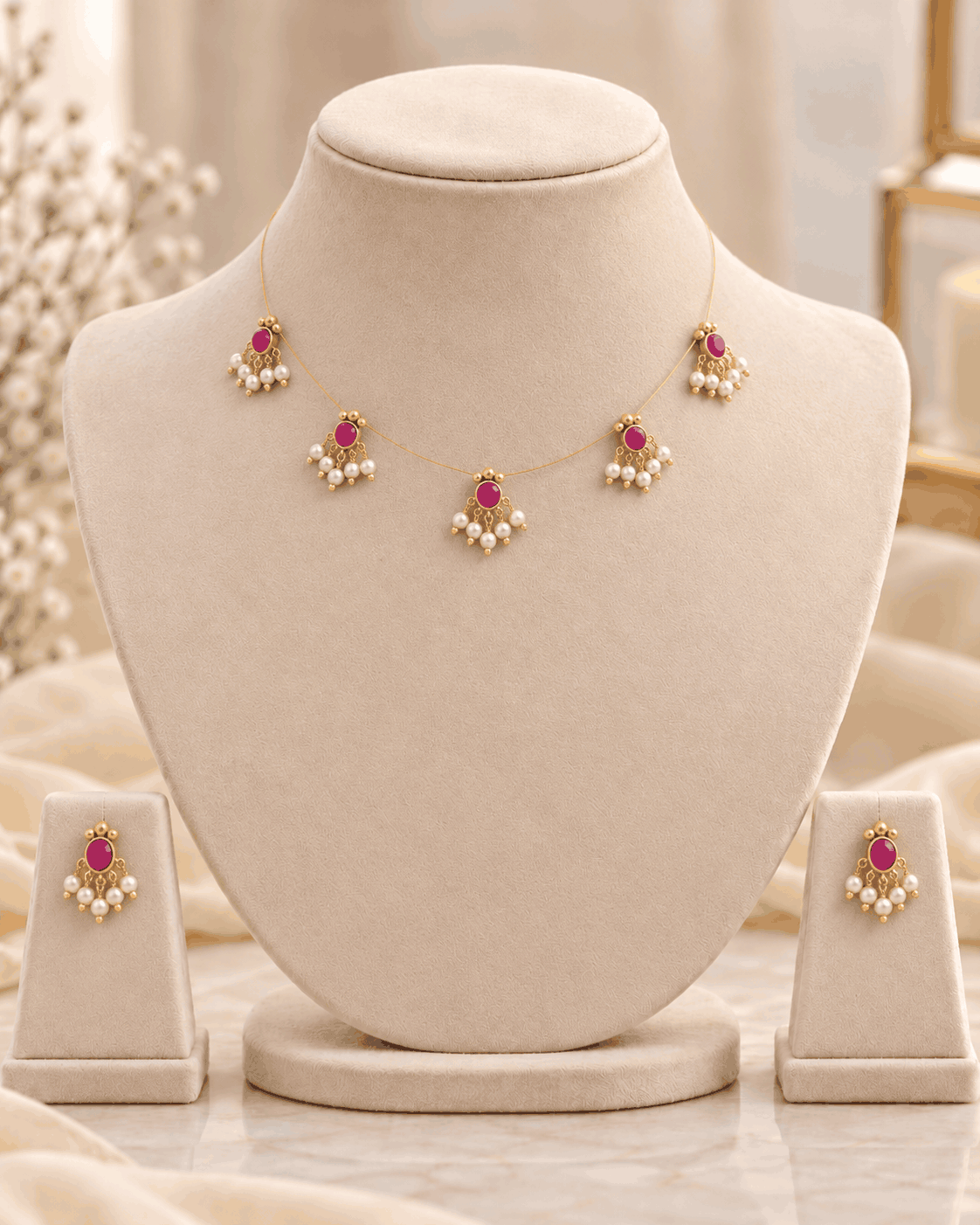 Delicate reversible invisible chain necklace displayed on mannequin with pink stone detailing and matching earrings.