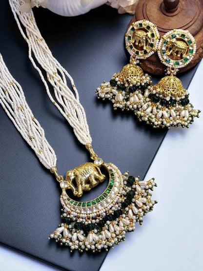 royal jewellery, elephant motif jewellery, temple inspired jewellery, green pearl necklace set, ethnic wedding jewellery, kundan jewellery, traditional jewellery set, heritage necklace earrings, festive jewellery, handmade indian jewellery