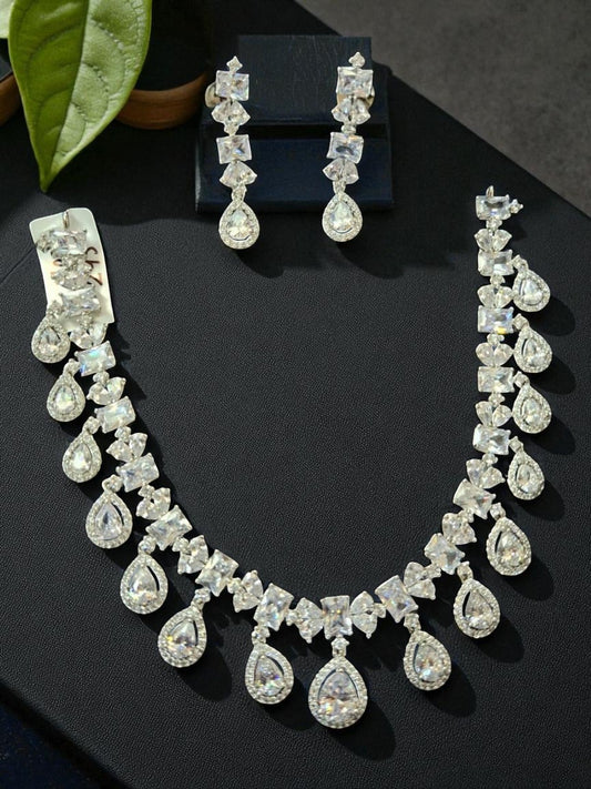 diamond look set, bridal jewellery set, teardrop necklace, american diamond jewellery, house of pranvi, luxury jewellery, wedding jewellery, party wear set, white stone necklace, statement jewellery, indian bridal set, zircon necklace set, designer jewellery, classic jewellery set, festive jewellery

