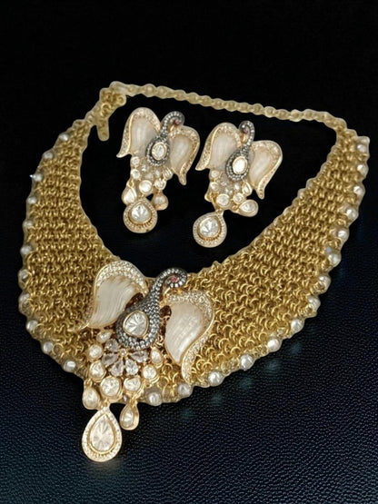 swan motif, statement piece, designer set, kundan, bridal jewellery, elegant, handcrafted, festive wear