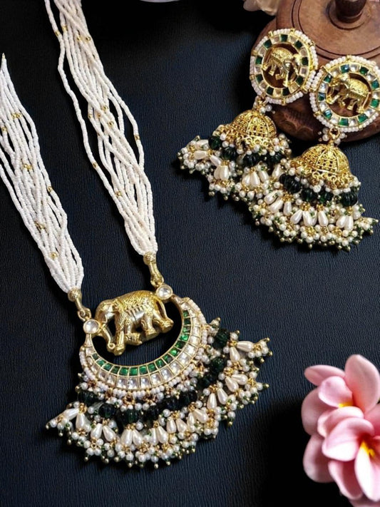 royal jewellery, elephant motif jewellery, temple inspired jewellery, green pearl necklace set, ethnic wedding jewellery, kundan jewellery, traditional jewellery set, heritage necklace earrings, festive jewellery, handmade indian jewellery