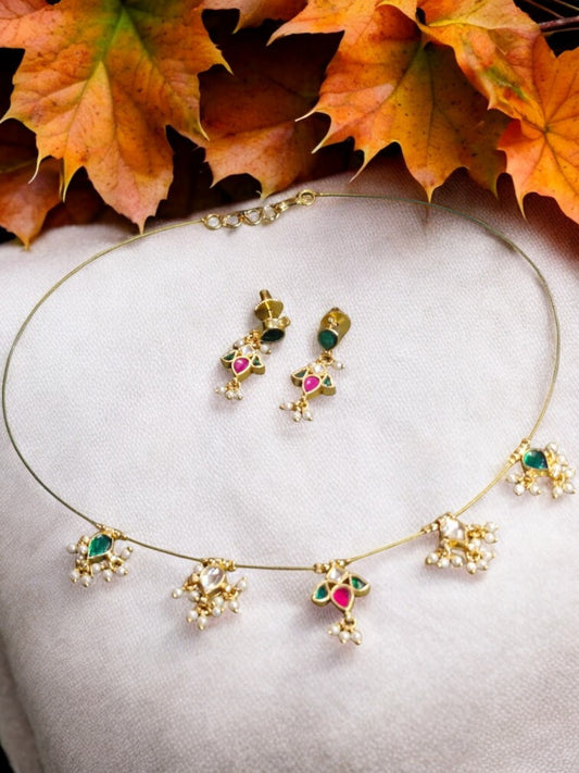 Colorful Kundan Necklace, Multigem Pearl Jewelry, Traditional Indian Festive Set, House of Pranvi Necklace, Haldi Mehendi Jewelry, Ethnic Jewelry with Pearls, Lightweight Occasion Wear