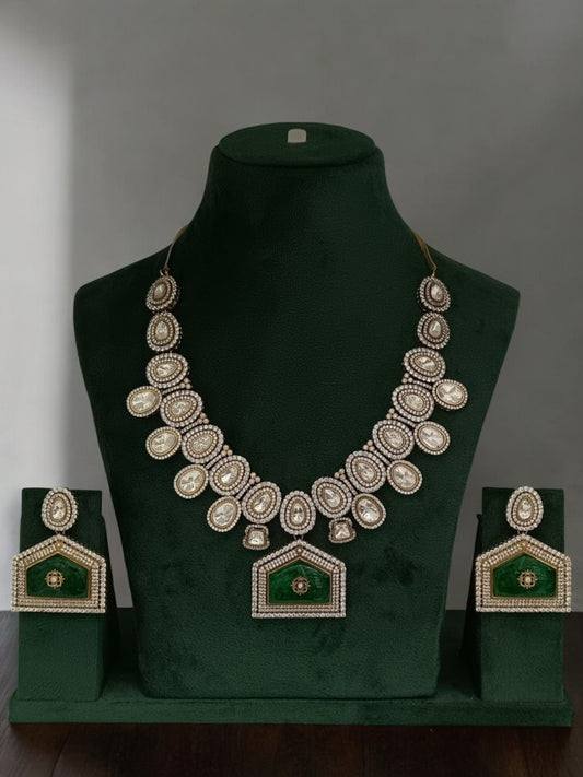 kundan necklace, green enamel jewellery, bold bridal set, royal kundan jewellery, traditional Indian jewellery, statement necklace set, designer kundan set, luxury festive jewellery, antique finish necklace, Indian wedding accessories