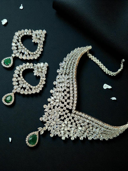 diamond look jewellery, emerald accent set, cocktail necklace set, statement bridal jewellery, crystal choker with green drop, luxury fashion jewellery, indian reception jewellery, V-cut necklace set, designer wedding set, sparkling kundan necklace