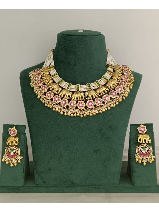heritage necklace, bridal jewellery, elephant motif necklace, temple jewellery, traditional necklace, kundan work, wedding necklace set, antique gold jewellery, Indian bridal jewellery, festive jewellery, statement necklace