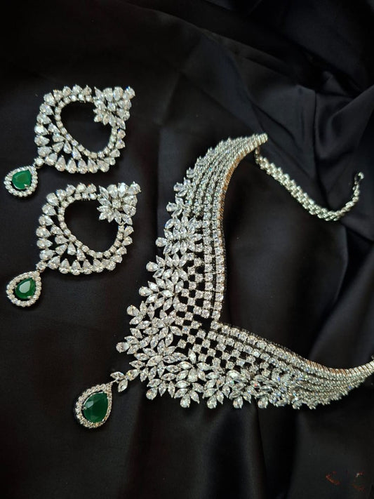 diamond look jewellery, emerald accent set, cocktail necklace set, statement bridal jewellery, crystal choker with green drop, luxury fashion jewellery, indian reception jewellery, V-cut necklace set, designer wedding set, sparkling kundan necklace