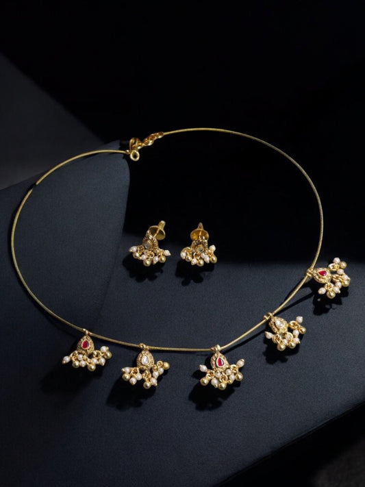 Traditional Kundan Necklace, Red Pearl Indian Jewelry, Heritage Necklace Set, House of Pranvi Jewelry, Ethnic Gold Finish Jewelry, Lightweight Festive Necklace, Wedding Jewelry for Women