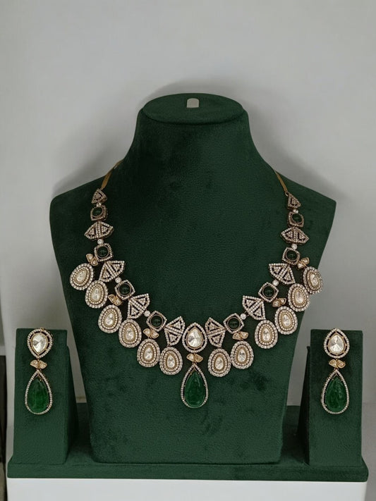 emerald necklace set, kundan polki jewellery, bridal jewellery, traditional jewellery, wedding jewellery, green gemstone jewellery, designer necklace set, luxury indian jewellery, statement necklace earrings set, handcrafted festive jewellery

