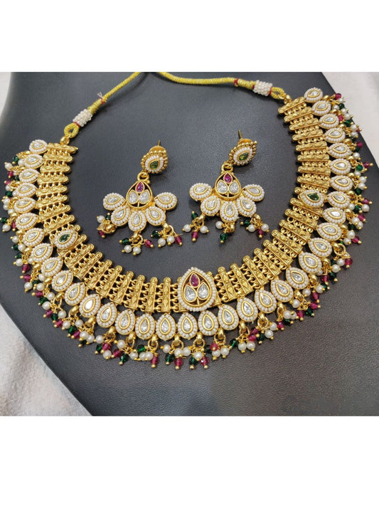 gold tone traditional jewellary, handcrafted ethnic jewellery, polki kundan necklace, indian occasion wear