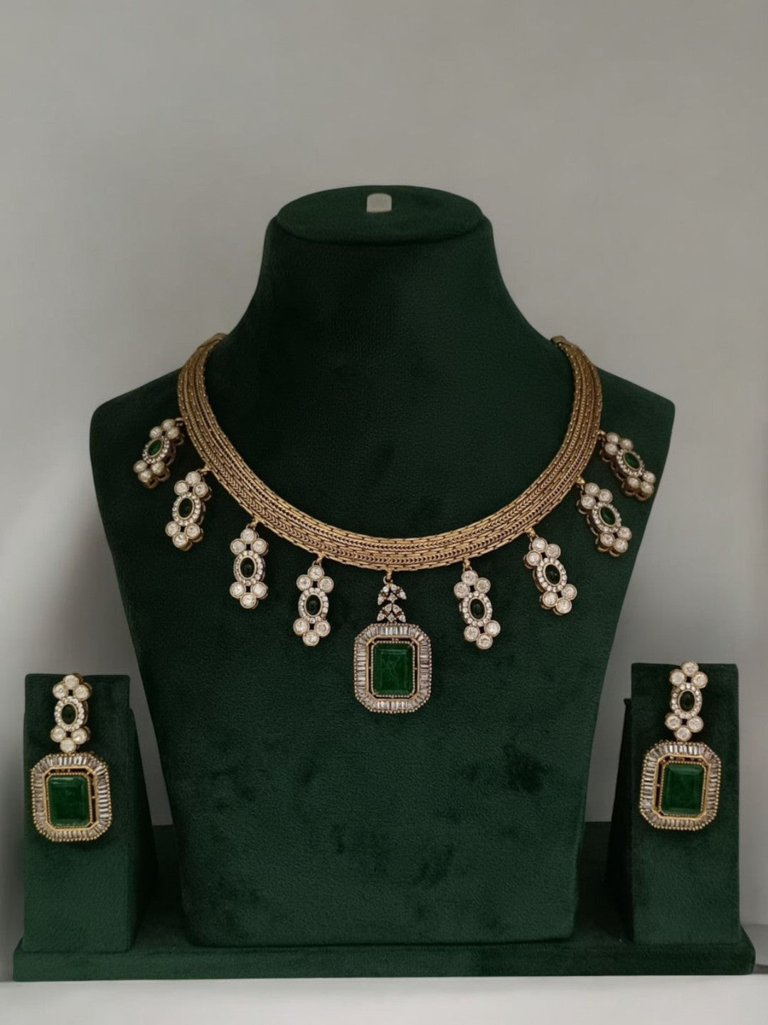 emerald gold necklace set, vintage indian jewellery, bridal polki jewellery, green stone jewellery, kundan emerald set, traditional jewellery set, festive wear jewellery, royal look necklace, handcrafted bridal jewellery, house of pranvi collection