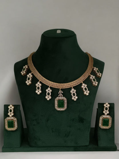 emerald gold necklace set, vintage indian jewellery, bridal polki jewellery, green stone jewellery, kundan emerald set, traditional jewellery set, festive wear jewellery, royal look necklace, handcrafted bridal jewellery, house of pranvi collection
