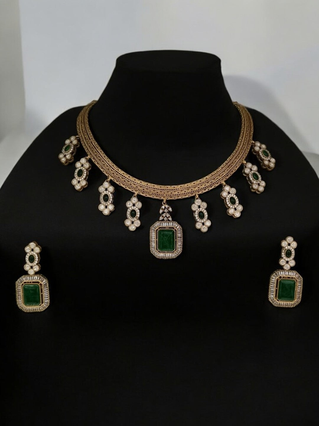 emerald gold necklace set, vintage indian jewellery, bridal polki jewellery, green stone jewellery, kundan emerald set, traditional jewellery set, festive wear jewellery, royal look necklace, handcrafted bridal jewellery, house of pranvi collection