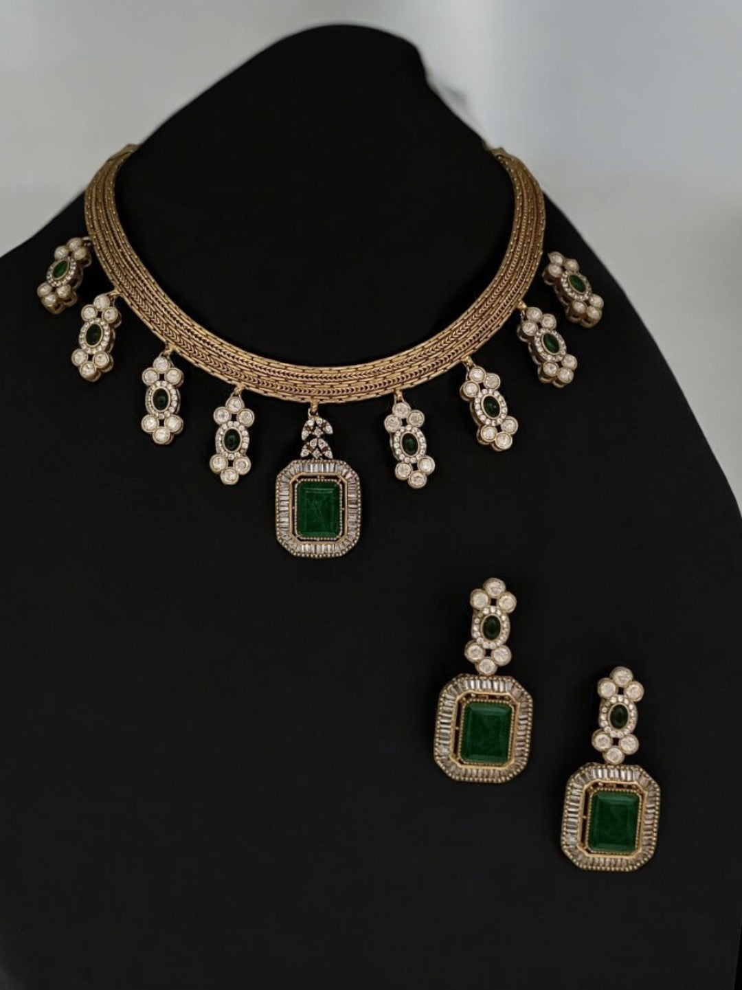emerald gold necklace set, vintage indian jewellery, bridal polki jewellery, green stone jewellery, kundan emerald set, traditional jewellery set, festive wear jewellery, royal look necklace, handcrafted bridal jewellery, house of pranvi collection