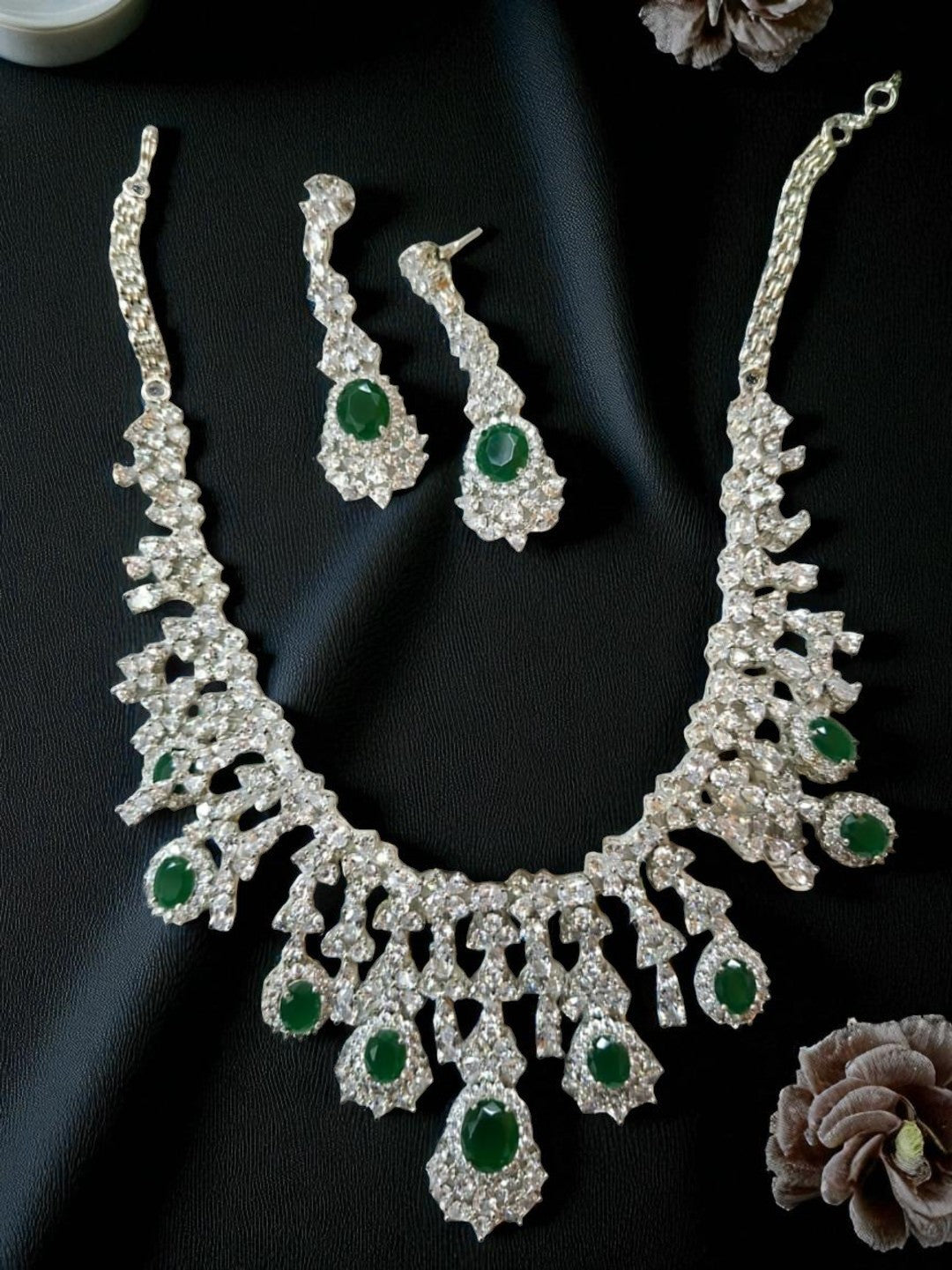 green stone necklace, emerald jewellery set, bridal choker set, diamond look jewellery, silver polish necklace, ethnic jewellery set, wedding jewellery, statement necklace, festive wear jewellery, American diamond set
