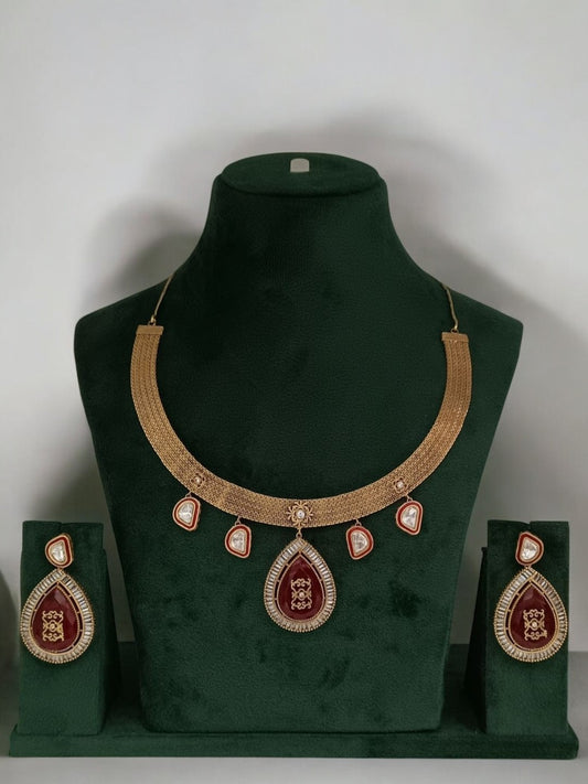 ruby enamel jewellery, meenakari necklace set, traditional red jewellery, bridal kundan set, enamel drop necklace, gold red necklace set, festive jewellery set, royal ethnic jewellery, handcrafted indian jewellery, statement necklace earrings