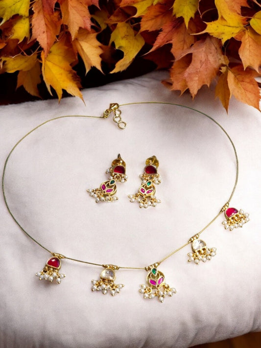 Kundan Pearl Jewelry, Traditional Indian Necklace, Festive Jewelry Set, House of Pranvi Necklace, Red Green Enamel Jewelry, Lightweight Ethnic Jewelry, Bridal Mehndi Jewelry