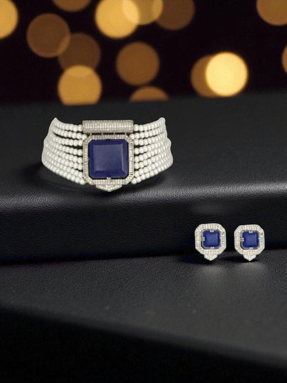 sapphire look jewellery, minimal jewellery set, cocktail wear jewellery, blue stone bracelet, elegant jewellery, statement bracelet and studs, festive jewellery, luxury fashion accessories, classic pearl jewellery