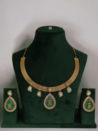 emerald kundan set, green teardrop necklace, bridal gold choker, royal festive jewellery, meenakari necklace set, ethnic kundan design, traditional necklace, House of Pranvi signature, statement bridal jewellery, regal Indian jewellery
