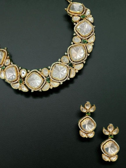 bridal polki jewellery, uncut stone set, traditional necklace set, royal jewellery, festive jewellery, kundan inspired jewellery, ethnic bridal jewellery, handcrafted necklace set, luxury indian jewellery, wedding jewellery set


