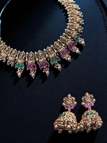  lakshmi design, traditional jewellery, antique necklace, temple work, ethnic look, bridal accessory, cultural piece, elegant finish
