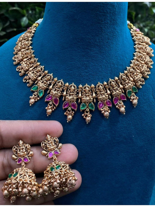  lakshmi design, traditional jewellery, antique necklace, temple work, ethnic look, bridal accessory, cultural piece, elegant finish