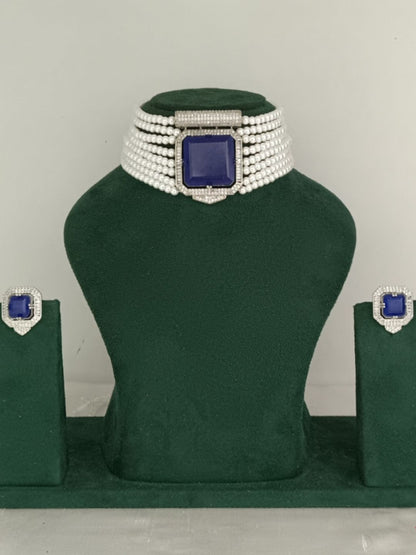 sapphire look jewellery, minimal jewellery set, cocktail wear jewellery, blue stone bracelet, elegant jewellery, statement bracelet and studs, festive jewellery, luxury fashion accessories, classic pearl jewellery
