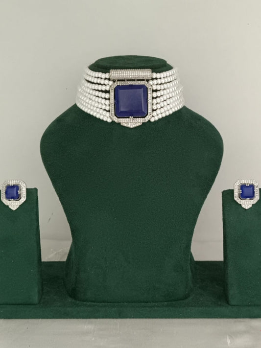 sapphire look jewellery, minimal jewellery set, cocktail wear jewellery, blue stone bracelet, elegant jewellery, statement bracelet and studs, festive jewellery, luxury fashion accessories, classic pearl jewellery