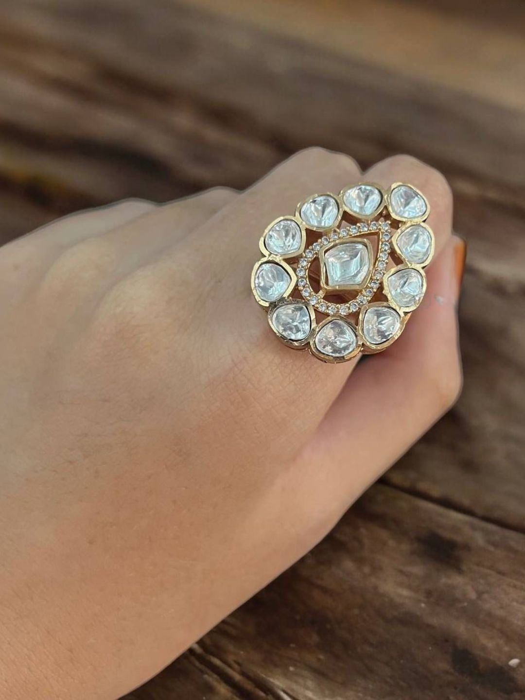 polki ring, uncut diamond ring, statement ring for women, bridal polki jewellery, regal ring design, handcrafted jewellery India, House of Pranvi ring, ethnic wear accessories, festive statement ring, timeless Indian jewellery