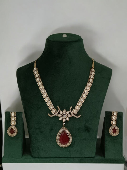 scarlet necklace set, drop kundan jewellery, bridal pendant set, teardrop ruby set, festive ethnic jewellery, kundan necklace and earrings, statement necklace, House of Pranvi exclusive, traditional wedding set, royal red jewellery