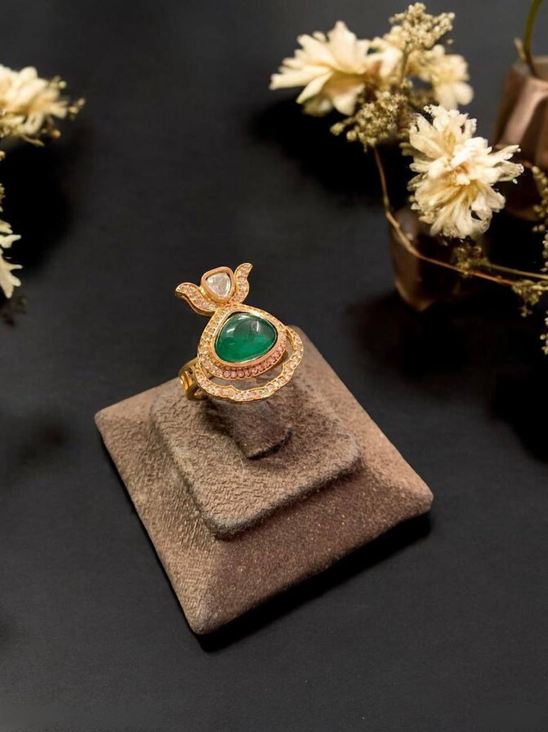 emerald ring, statement ring, designer jewellery, polki ring, cocktail ring, indian festive jewellery, bridal jewellery, handcrafted ring, gemstone ring, luxury indian jewellery, house of pranvi exclusive