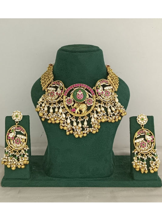 peacock necklace set, heritage jewellery, temple jewellery, bridal necklace set, circular motif necklace, kundan choker, traditional Indian jewellery, festive necklace, antique gold jewellery, statement necklace set
