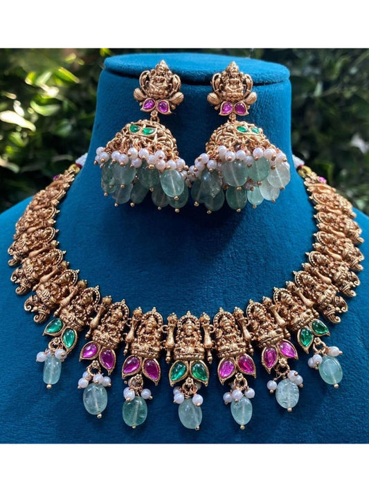 lakshmi design, traditional jewellery, antique necklace, temple work, ethnic look, bridal accessory, cultural piece, elegant finish
