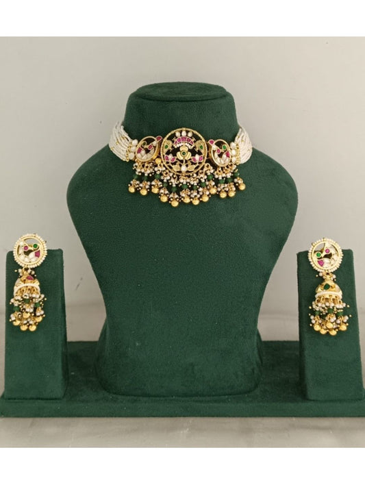 bridal jewellery, wedding choker, sangeet, traditional bride, festive, ethnic wear, celebration, pooja, occasion wear, navratri, diwali look, cultural jewellery, heritage, temple design, handcrafted, artisanal, antique finish, karigari, detailed work, timeless design, statement piece, choker set, jhumka earrings, fashion jewellery, ethnic fashion, layered necklace, bold look, luxury style, kundan, beads, gold polish, pearlwork, meena work, danglers, multi-strand choker, jadau inspired, modern traditional, i