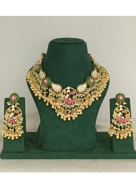 meenakari necklace, peacock jewellery set, floral choker set, kundan jewellery, green and gold necklace, traditional bridal jewellery, Indian festive necklace, enamel work jewellery, pearl drop necklace, heritage necklace set