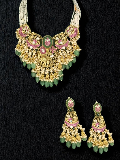 bridal jewellery, wedding choker, sangeet, traditional bride, festive, ethnic wear, celebration, pooja, occasion wear, navratri, diwali look, cultural jewellery, heritage, temple design, handcrafted, artisanal, antique finish, karigari, detailed work, timeless design, statement piece, choker set, jhumka earrings, fashion jewellery, ethnic fashion, layered necklace, bold look, luxury style, kundan, beads, gold polish, pearlwork, meena work, danglers, multi-strand choker, jadau inspired, modern traditional, i