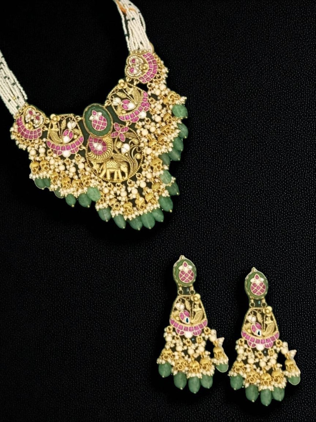 bridal jewellery, wedding choker, sangeet, traditional bride, festive, ethnic wear, celebration, pooja, occasion wear, navratri, diwali look, cultural jewellery, heritage, temple design, handcrafted, artisanal, antique finish, karigari, detailed work, timeless design, statement piece, choker set, jhumka earrings, fashion jewellery, ethnic fashion, layered necklace, bold look, luxury style, kundan, beads, gold polish, pearlwork, meena work, danglers, multi-strand choker, jadau inspired, modern traditional, i