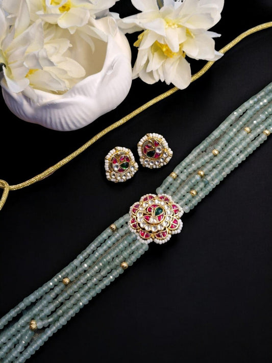 #GreenBeadedJewellery #KundanFloralChoker #HouseOfPranvi #MinimalBridalJewellery #MehendiJewellery #PastelJewellerySet #HandcraftedIndianJewels #ElegantChokerDesign #EthnicLuxuryAccessories #JewelleryForHaldi