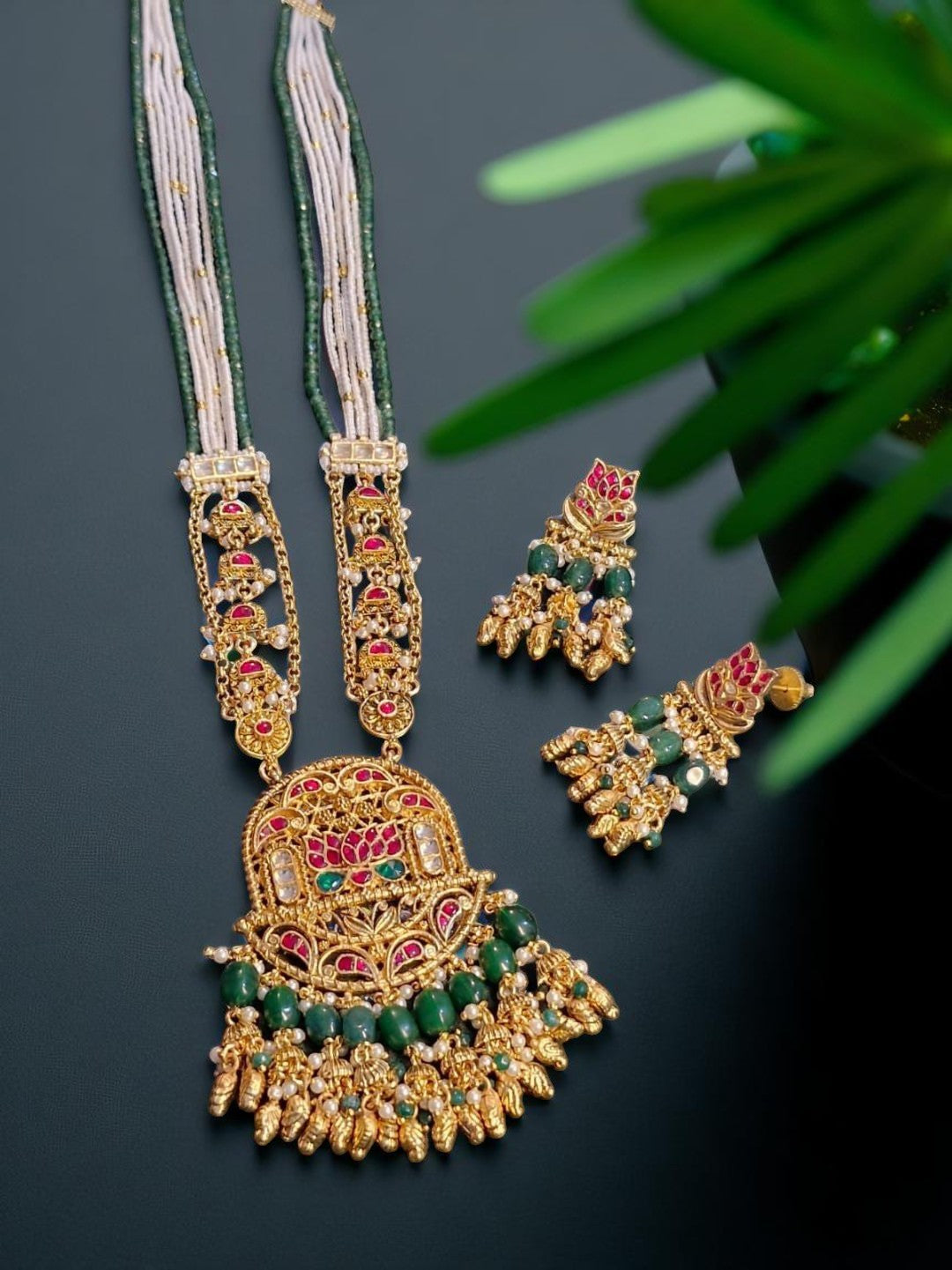 templejewellery, rajwadaset, kundannecklace, antiquegoldjewellery, greenbeads, rubyemerald, bridaljewellery, festiveadornments, handcraftedheritage, houseofpranvi