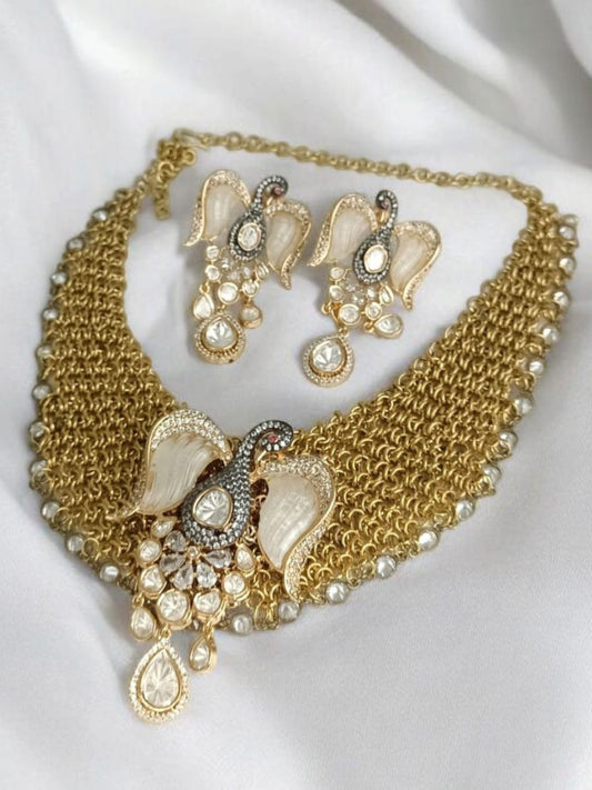 swan motif, statement piece, designer set, kundan, bridal jewellery, elegant, handcrafted, festive wear