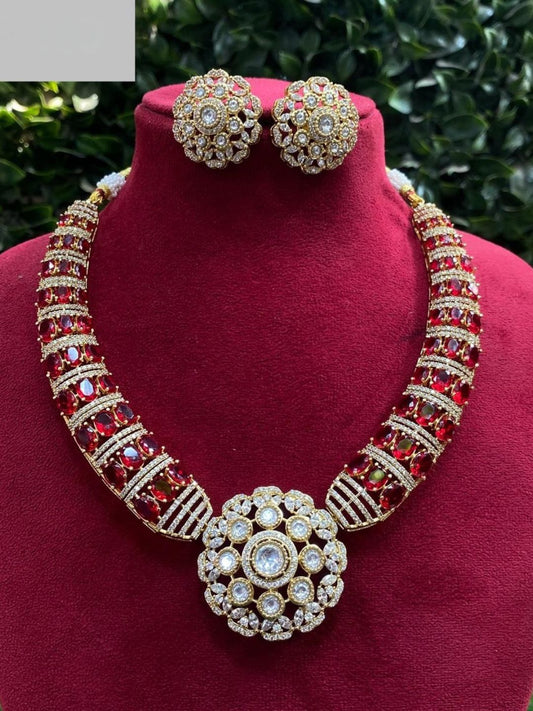 ruby necklace set, designer jewellery, bridal necklace, wedding jewellery, red stone necklace, luxury necklace, statement necklace, Indian jewellery, kundan necklace, party wear necklace, House of Pranvi jewellery