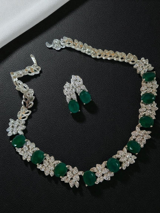 emerald necklace set, floral jewellery, green stone set, bridal jewellery, kundan inspired, house of pranvi, diamond look set, wedding jewellery, festive set, mehendi jewellery, emerald earrings, green and silver jewellery, luxury indian jewellery, statement set, engagement necklace

