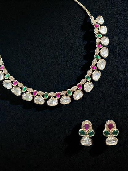 polki necklace, kundan necklace, designer jewellery, bridal necklace set, wedding jewellery, emerald ruby necklace, traditional necklace, luxury jewellery, House of Pranvi jewellery, festive jewellery, party wear necklace