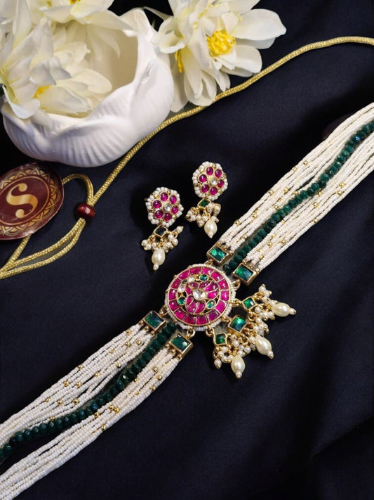 #KundanChoker #PearlJewellery #WeddingJewellerySet #TraditionalChokerSet #RubyEmeraldJewellery #HandcraftedJewellery #HouseOfPranvi #FestiveJewellery #LuxuryIndianJewellery #EthnicJewelleryDesign

