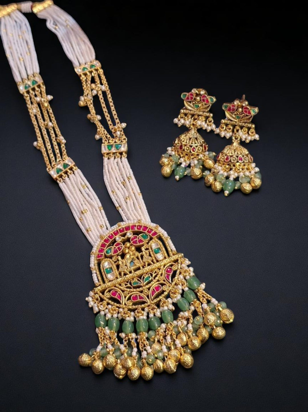 templejewellery, kundanset, pearlnecklace, rathadesign, bridaljewellery, antiquegold, greenbeads, festivewear, handcraftedjewellery, houseofpranvi