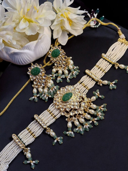 polki choker set, emerald bridal jewellery, kundan pearl necklace, handcrafted Indian jewellery, wedding choker India, luxury ethnic wear