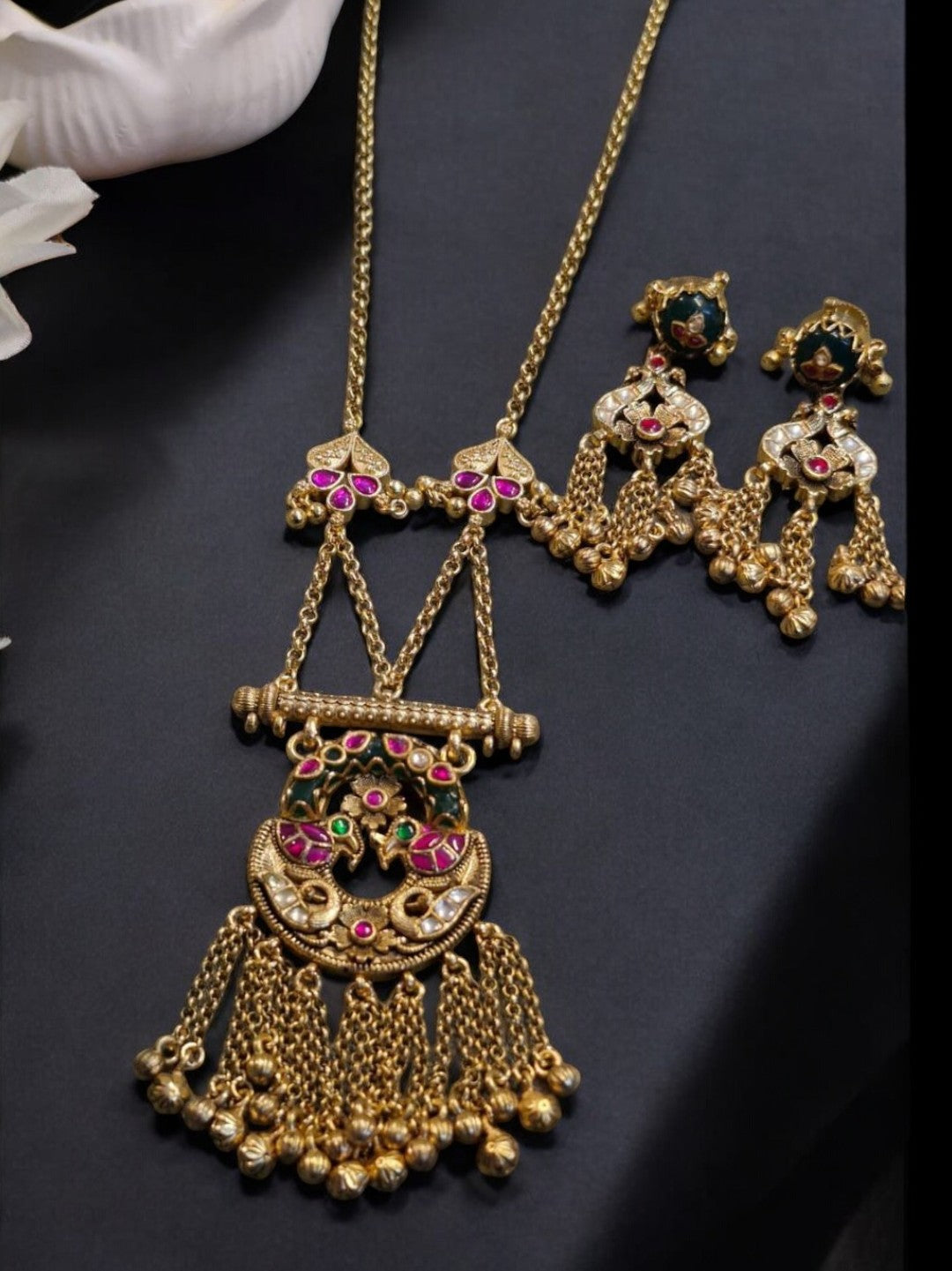 peacock motif jewelry, antique kundan necklace, temple jewelry design, handcrafted Indian jewelry, bridal wear accessories, gold chain necklace set, House of Pranvi jewels, traditional Indian jewelry, heritage statement necklace, ethnic jewelry for weddings

