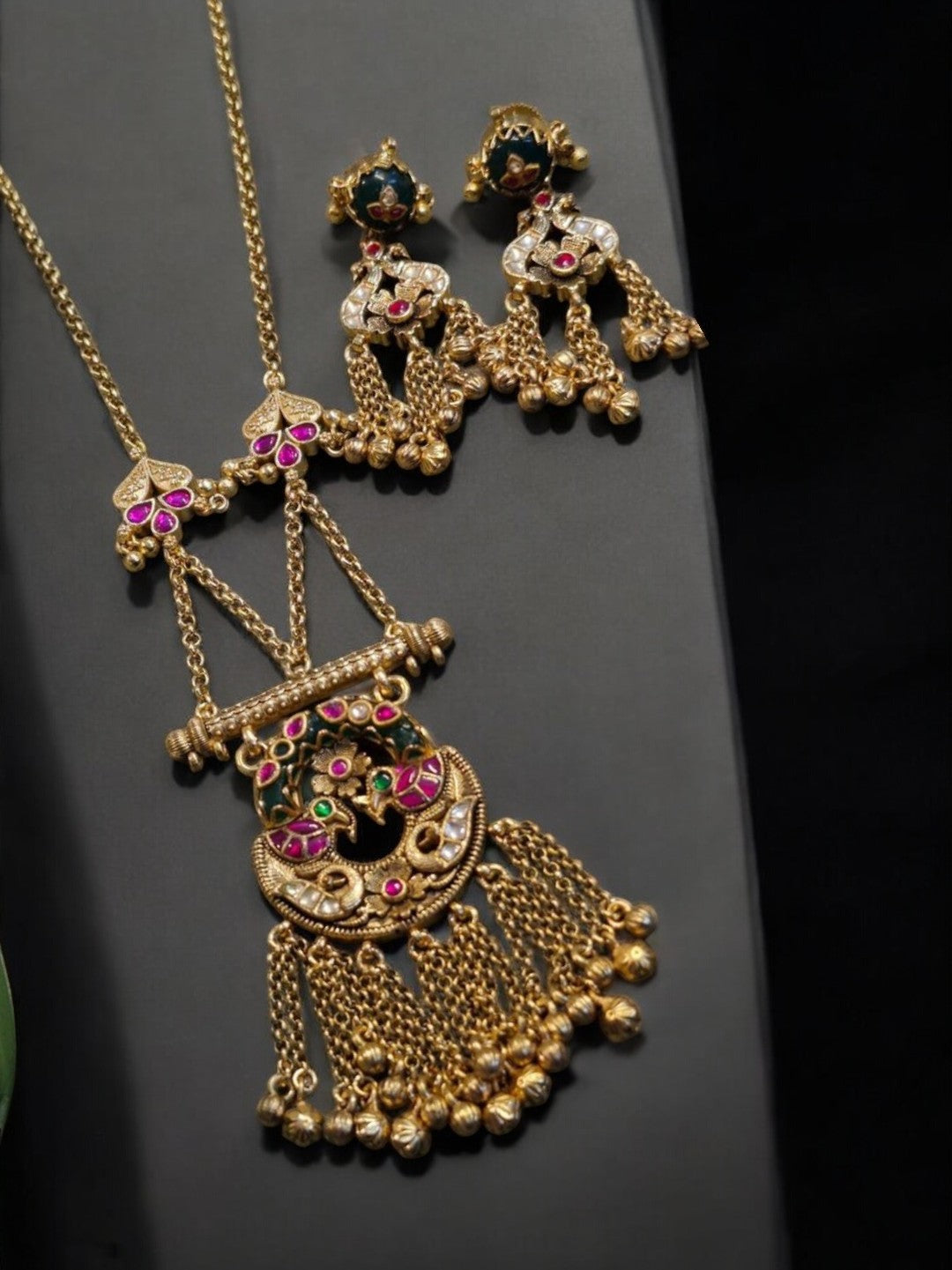 peacock motif jewelry, antique kundan necklace, temple jewelry design, handcrafted Indian jewelry, bridal wear accessories, gold chain necklace set, House of Pranvi jewels, traditional Indian jewelry, heritage statement necklace, ethnic jewelry for weddings

