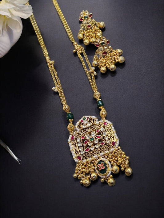 temple jewelry set, polki kundan necklace, traditional Indian bridal jewelry, gold plated necklace set, handcrafted jewelry, ethnic festive wear, south Indian jewelry, House of Pranvi collection, pearl drop jewelry, kundan earrings and necklace, antique finish jewelry

